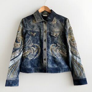 Chico’s Acid Washed Denim Jean Jacket Embroidered Sequin Embellished - Women’s 1